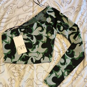 Zara Camouflage One-Shoulder Top